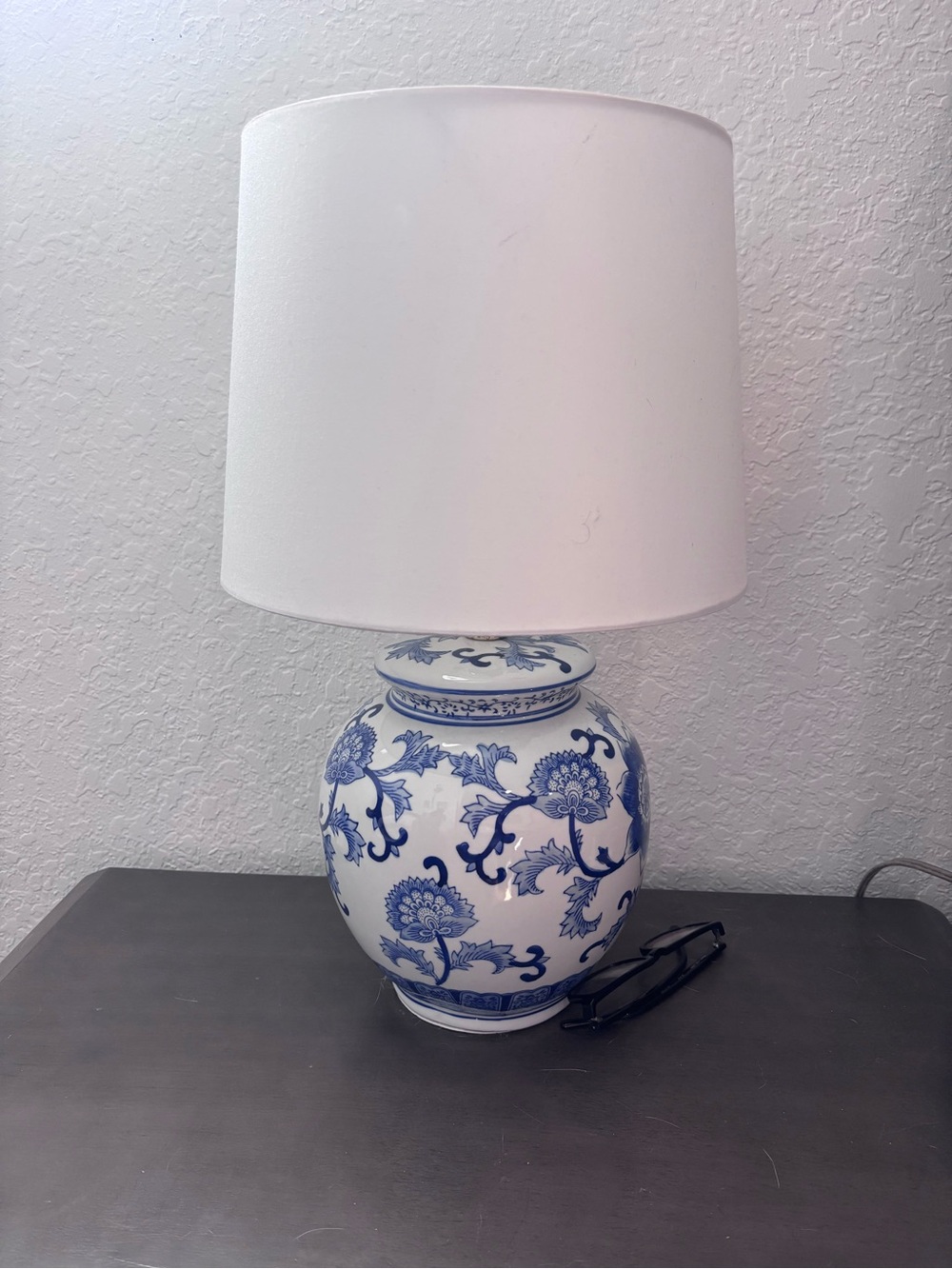 Blue and White Floral Ceramic Table Lamp with White Shade